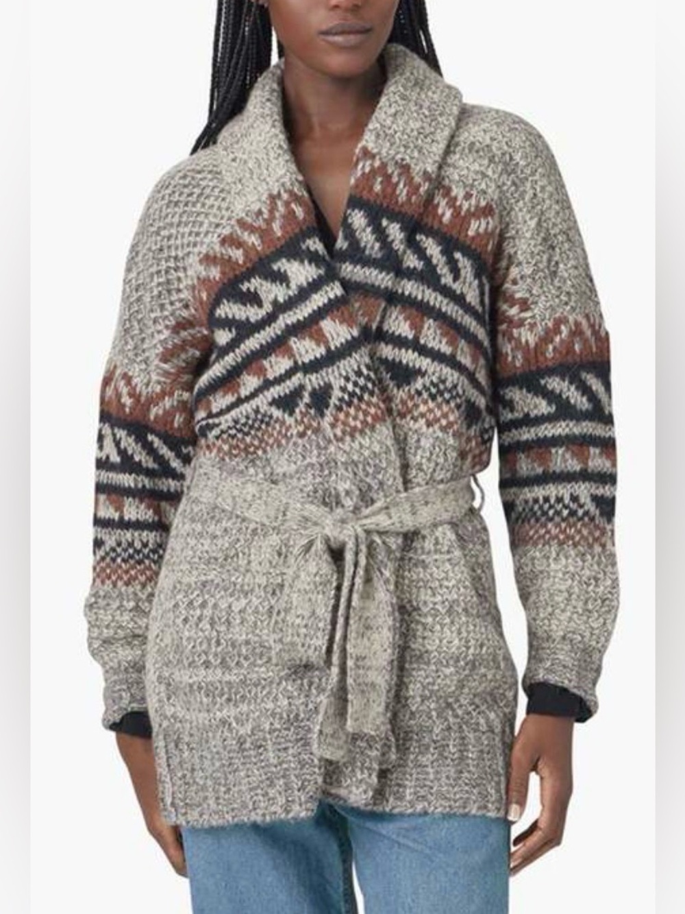 XIRENA Carmella‎ Cardigan Tobacco Aztec Women Medium Baby Alpaca Jacquard Gray